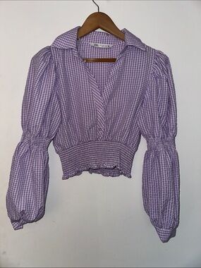 Zara Lavender Gingham Button-Front Puff Sleeve Blouse